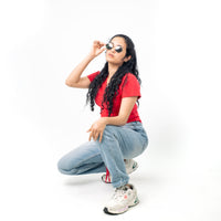 Red Ribbed V Neck string Tops for Women