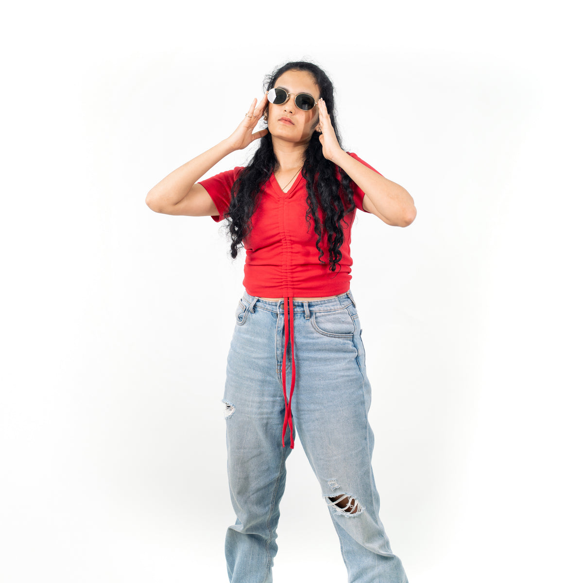 Red Ribbed V Neck string Tops for Women