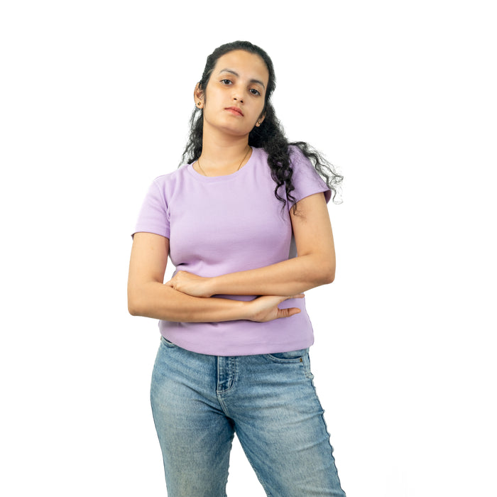 Purple Ribbed Crew Neck Tops for Women