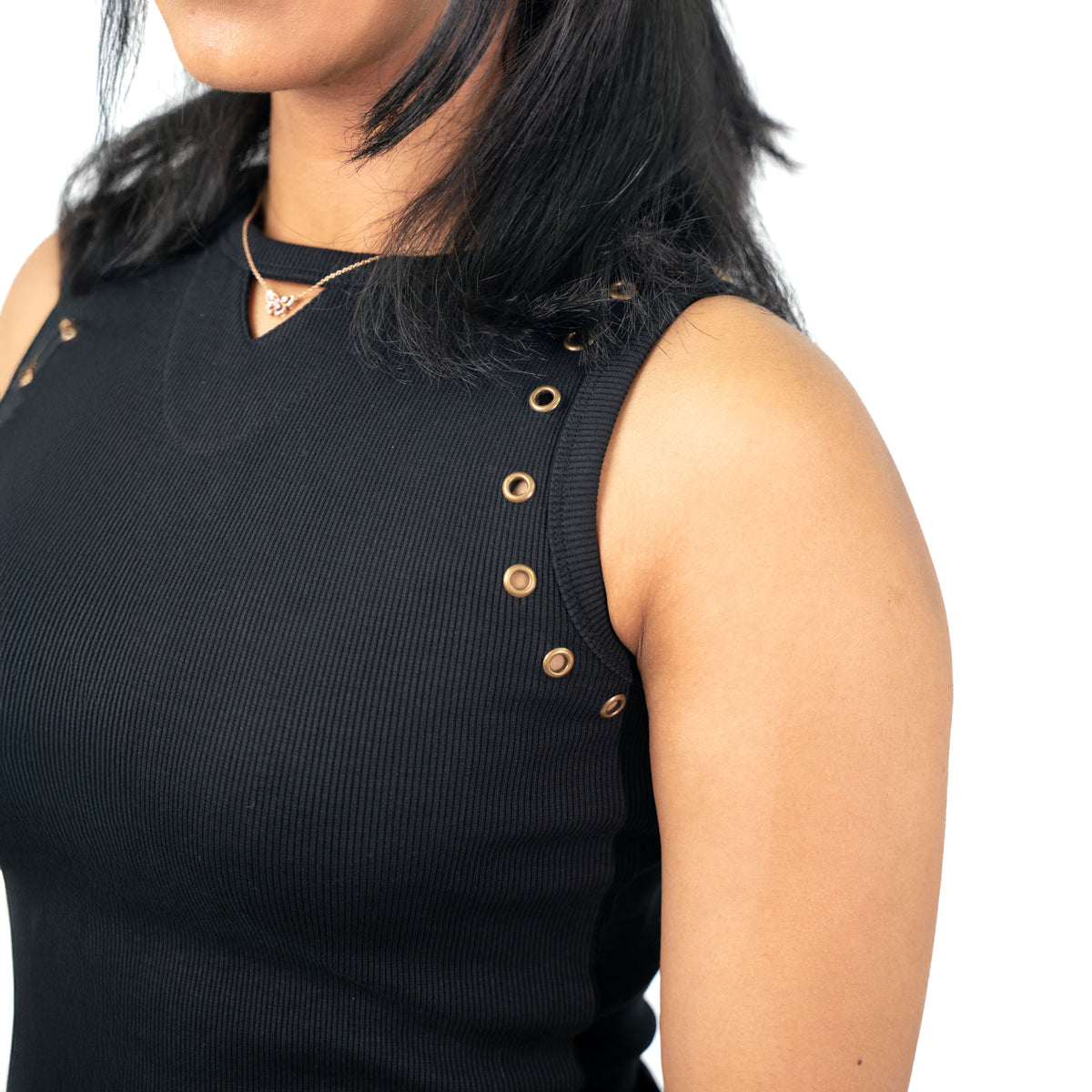 Ribbed Long Black Dress with Grommet Sleeves