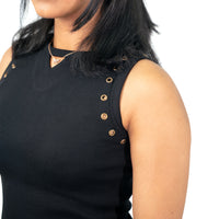 Ribbed Long Black Dress with Grommet Sleeves