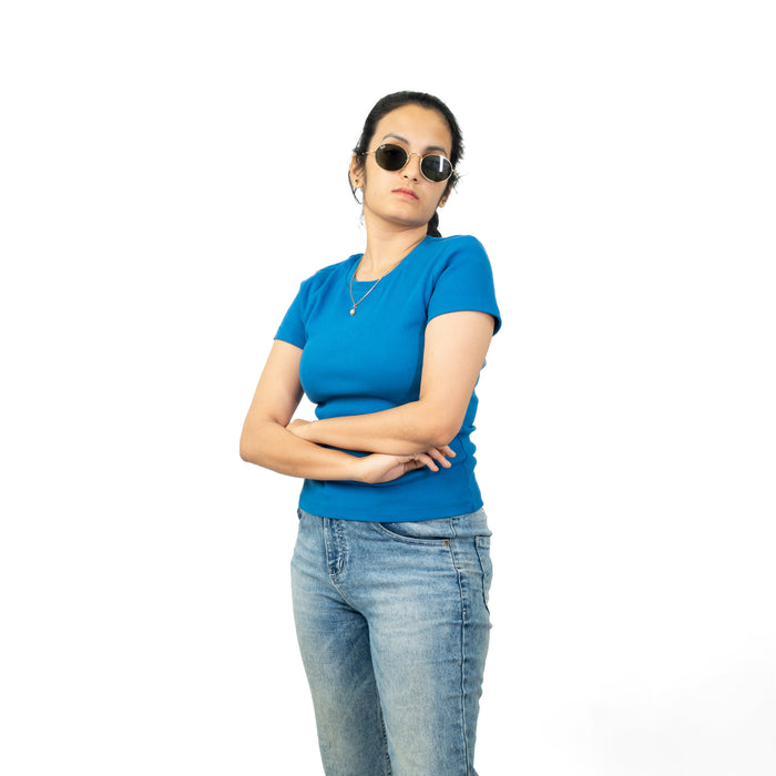 Blue Ribbed Crew Neck Tops for Women