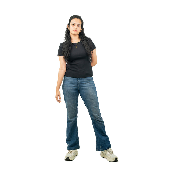 Black Ribbed Crew Neck Tops for Women