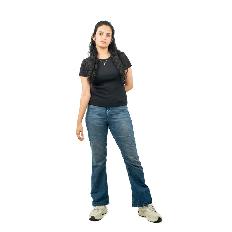 Black Ribbed Crew Neck Tops for Women