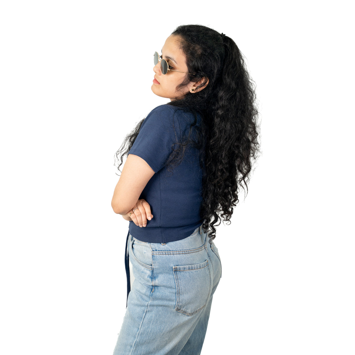 Navy blue Ribbed V Neck string Tops for Women