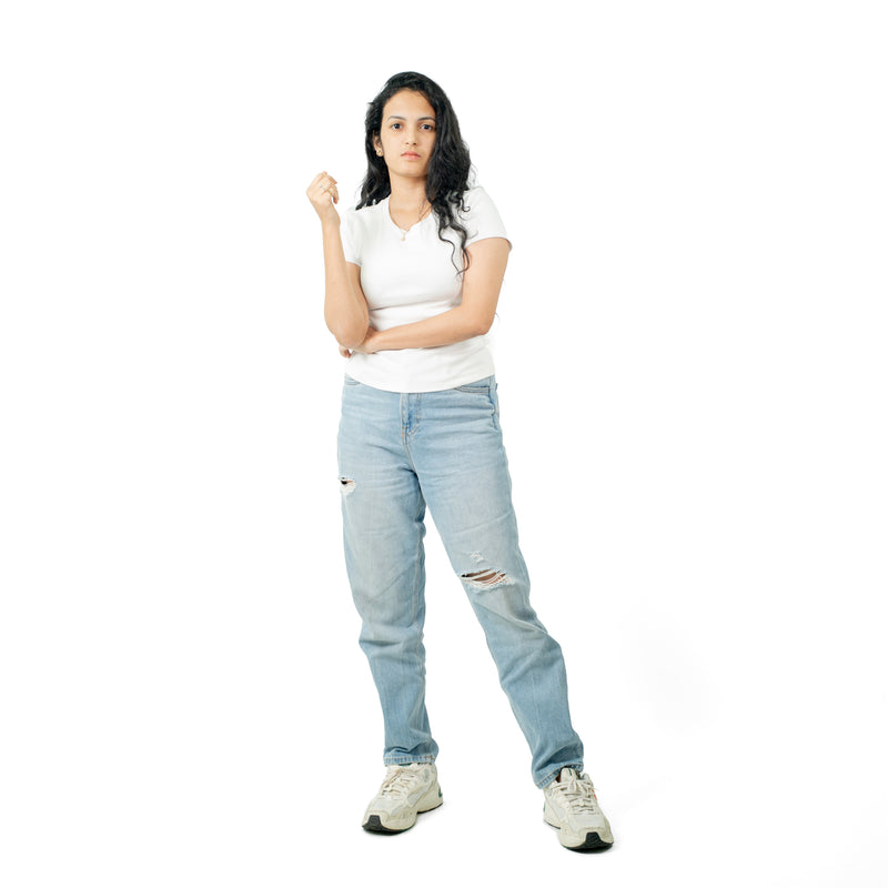White Ribbed Crew Neck Tops for Women