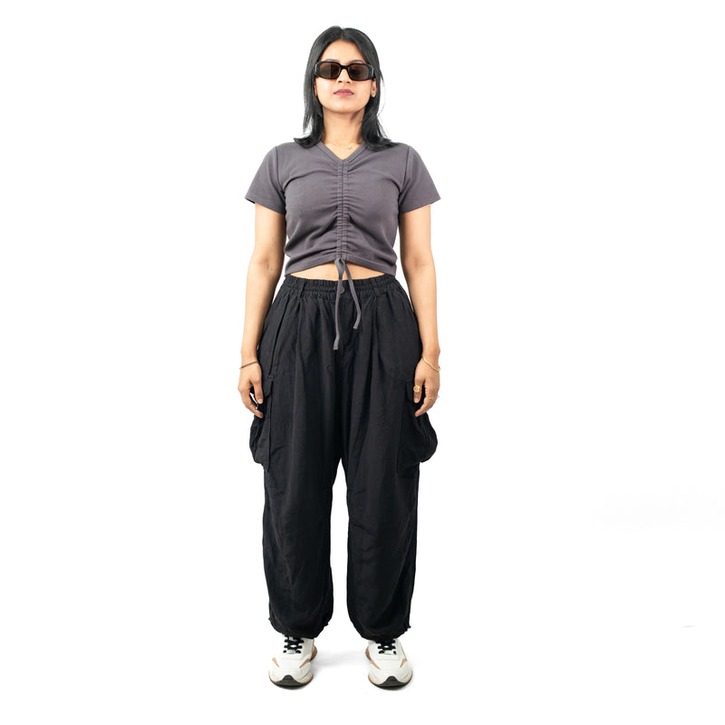 Gray Ribbed V Neck string Tops for Women