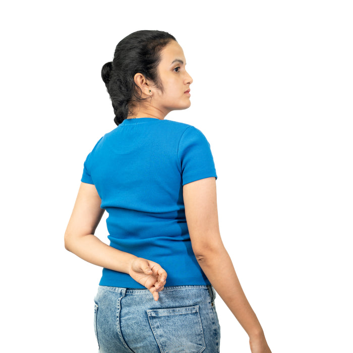 Blue Ribbed Crew Neck Tops for Women