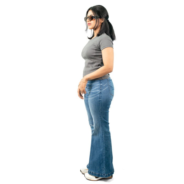 Gray Ribbed Crew Neck Tops for Women