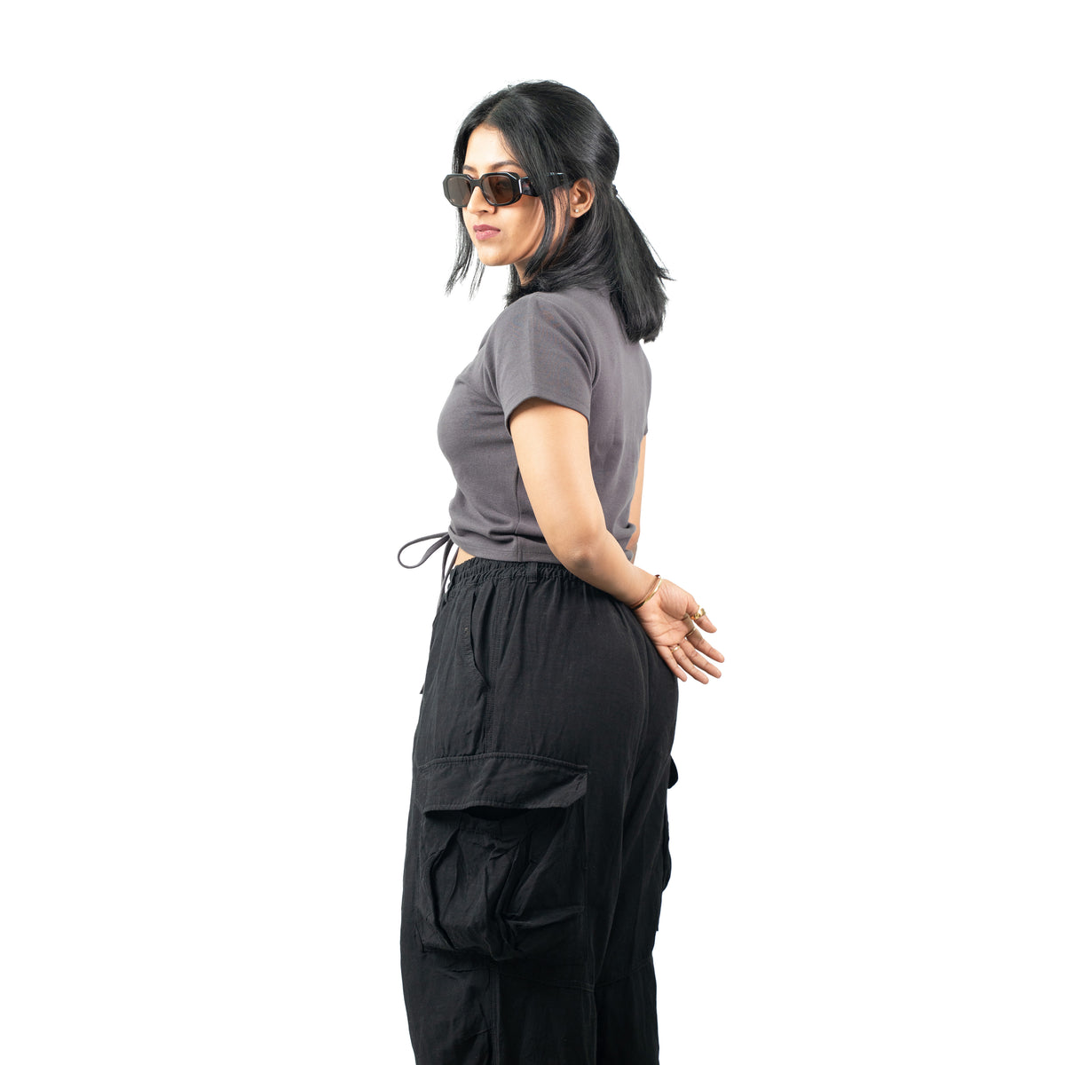 Gray Ribbed V Neck string Tops for Women