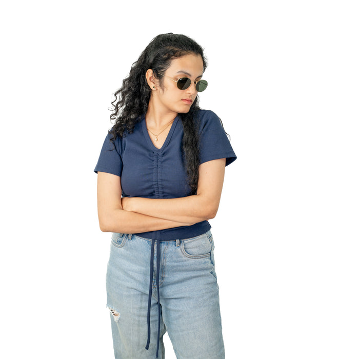 Navy blue Ribbed V Neck string Tops for Women