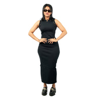 Ribbed Long Black Dress with Grommet Sleeves