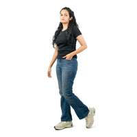 Black Ribbed Crew Neck Tops for Women
