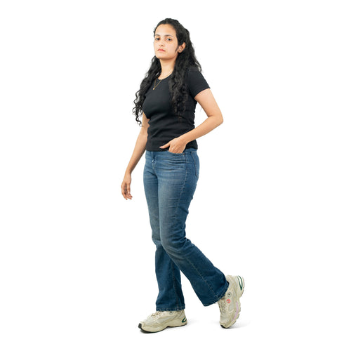 Black Ribbed Crew Neck Tops for Women