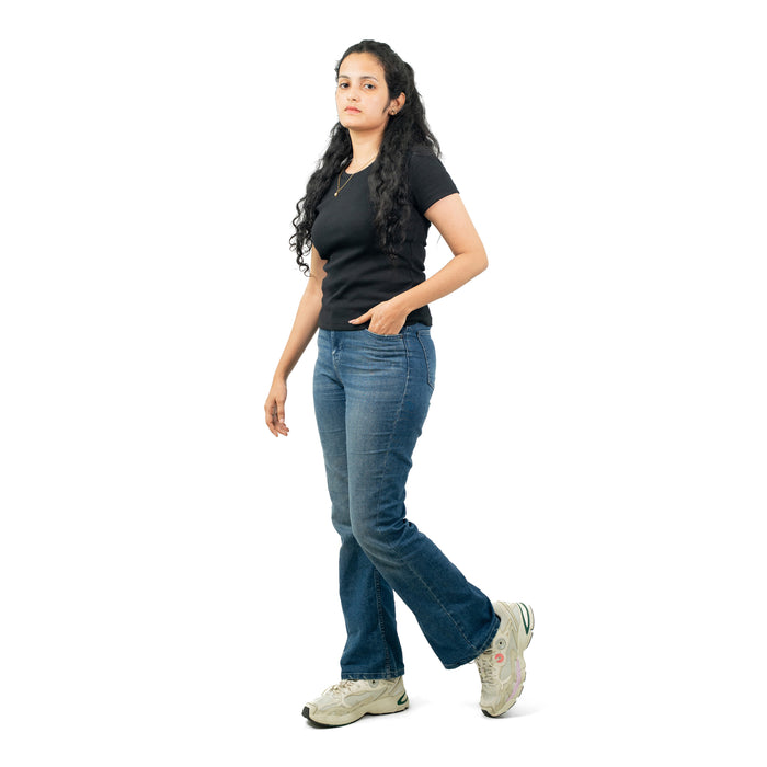 Black Ribbed Crew Neck Tops for Women