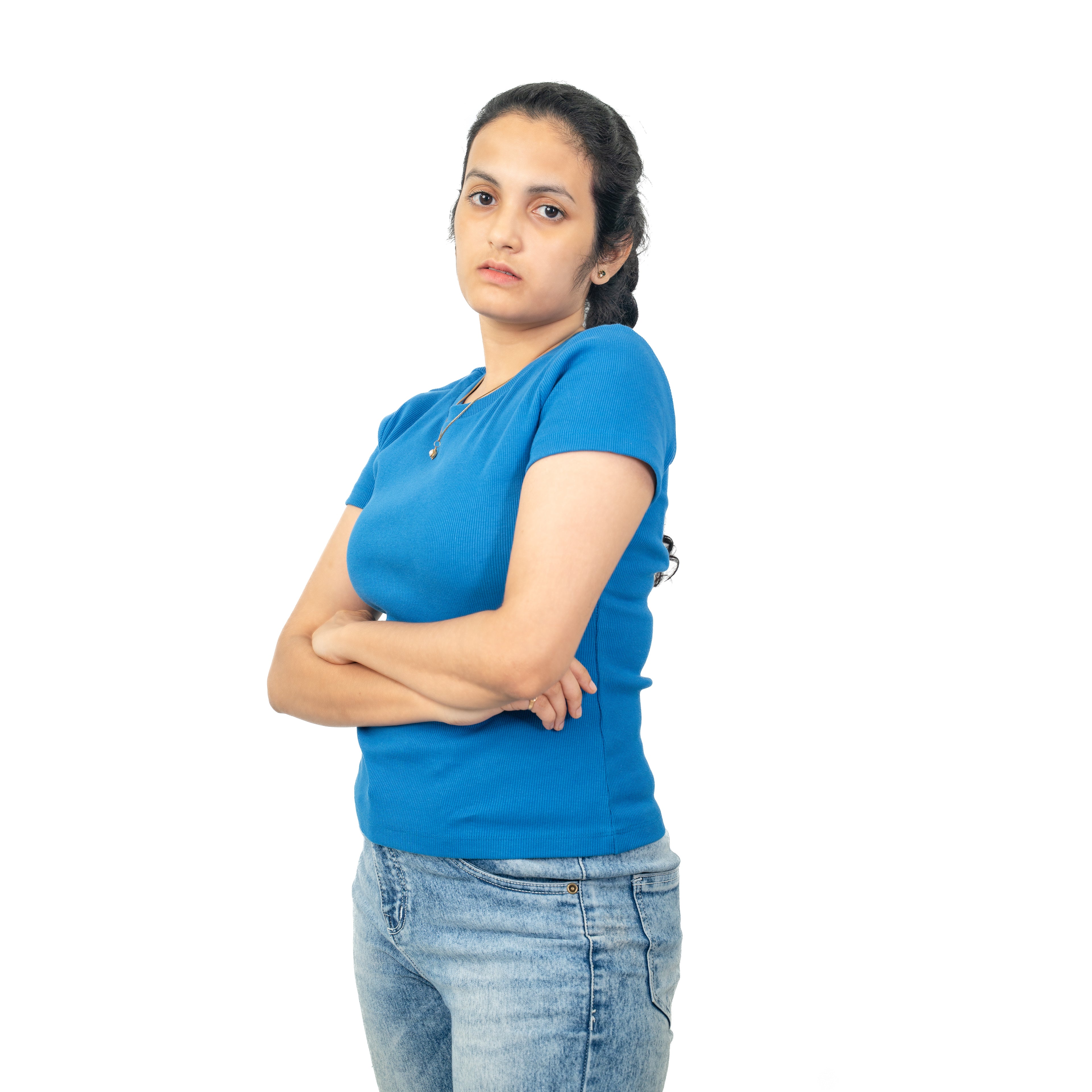 Blue Ribbed Crew Neck Tops for Women