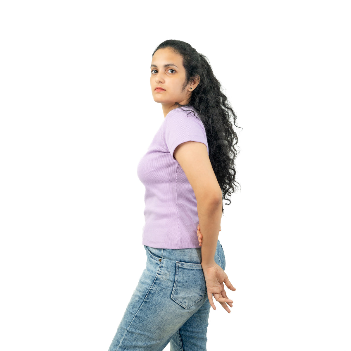 Purple Ribbed Crew Neck Tops for Women
