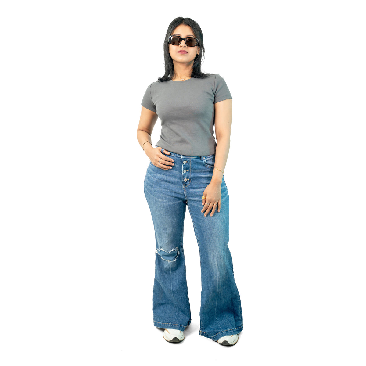 Gray Ribbed Crew Neck Tops for Women