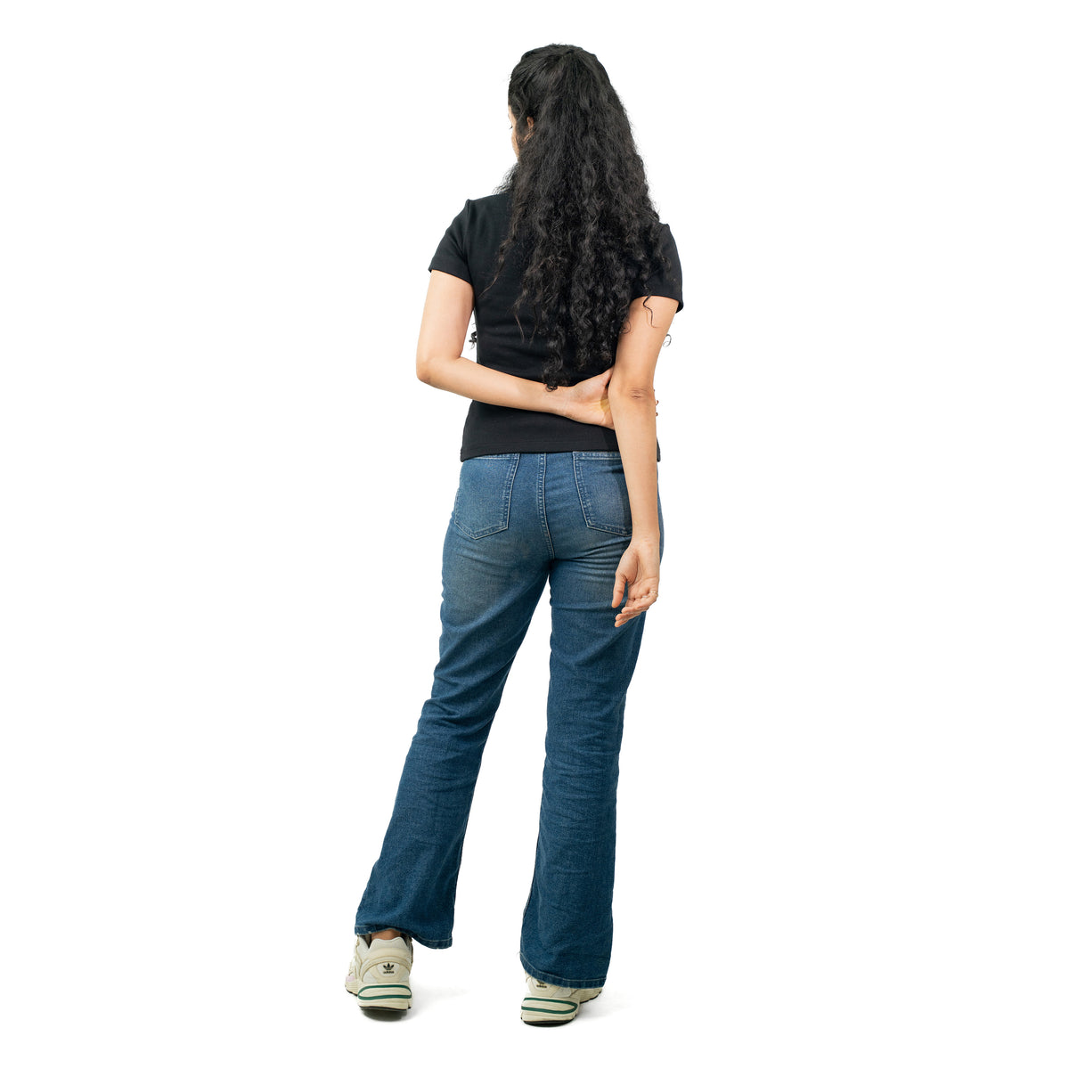 Black Ribbed Crew Neck Tops for Women