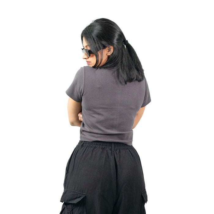 Gray Ribbed V Neck string Tops for Women