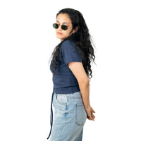 Navy blue Ribbed V Neck string Tops for Women