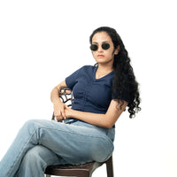 Navy blue Ribbed V Neck string Tops for Women