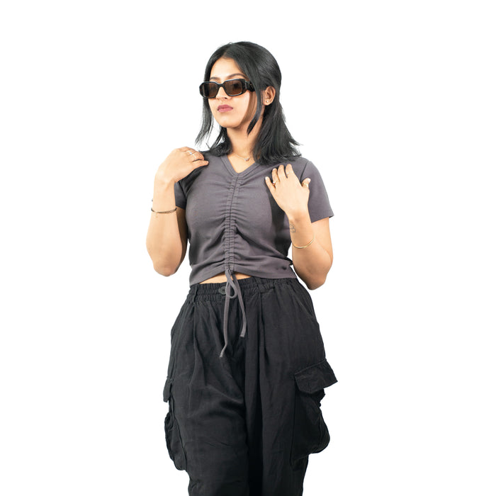 Gray Ribbed V Neck string Tops for Women