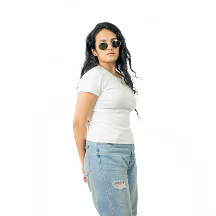 White Ribbed Crew Neck Tops for Women