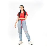 Red Ribbed V Neck string Tops for Women