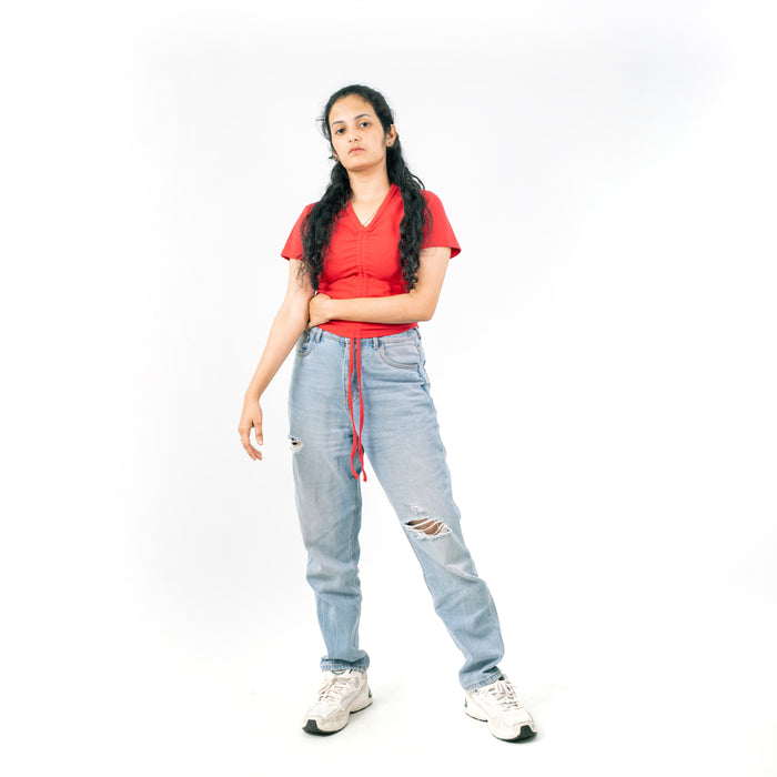 Red Ribbed V Neck string Tops for Women