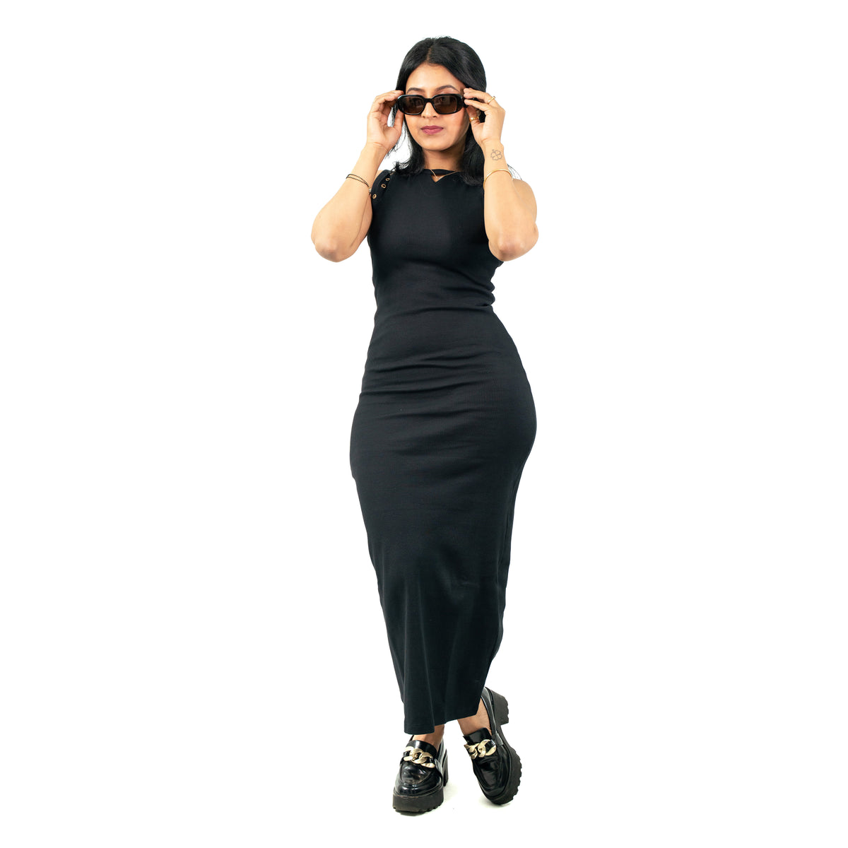 Ribbed Long Black Dress with Grommet Sleeves