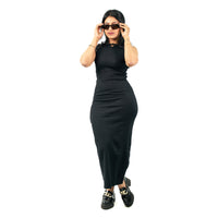 Ribbed Long Black Dress with Grommet Sleeves