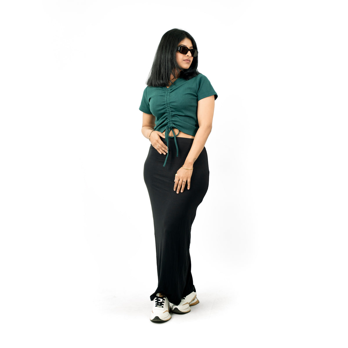 Green Ribbed V Neck string Tops for Women