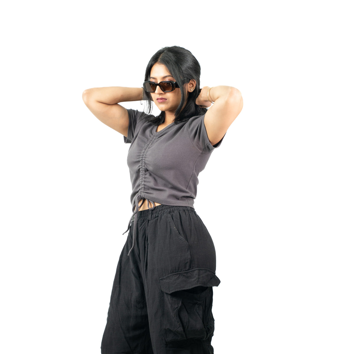 Gray Ribbed V Neck string Tops for Women