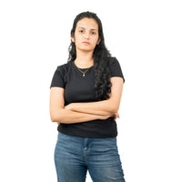 Black Ribbed Crew Neck Tops for Women