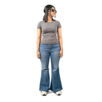 Gray Ribbed Crew Neck Tops for Women