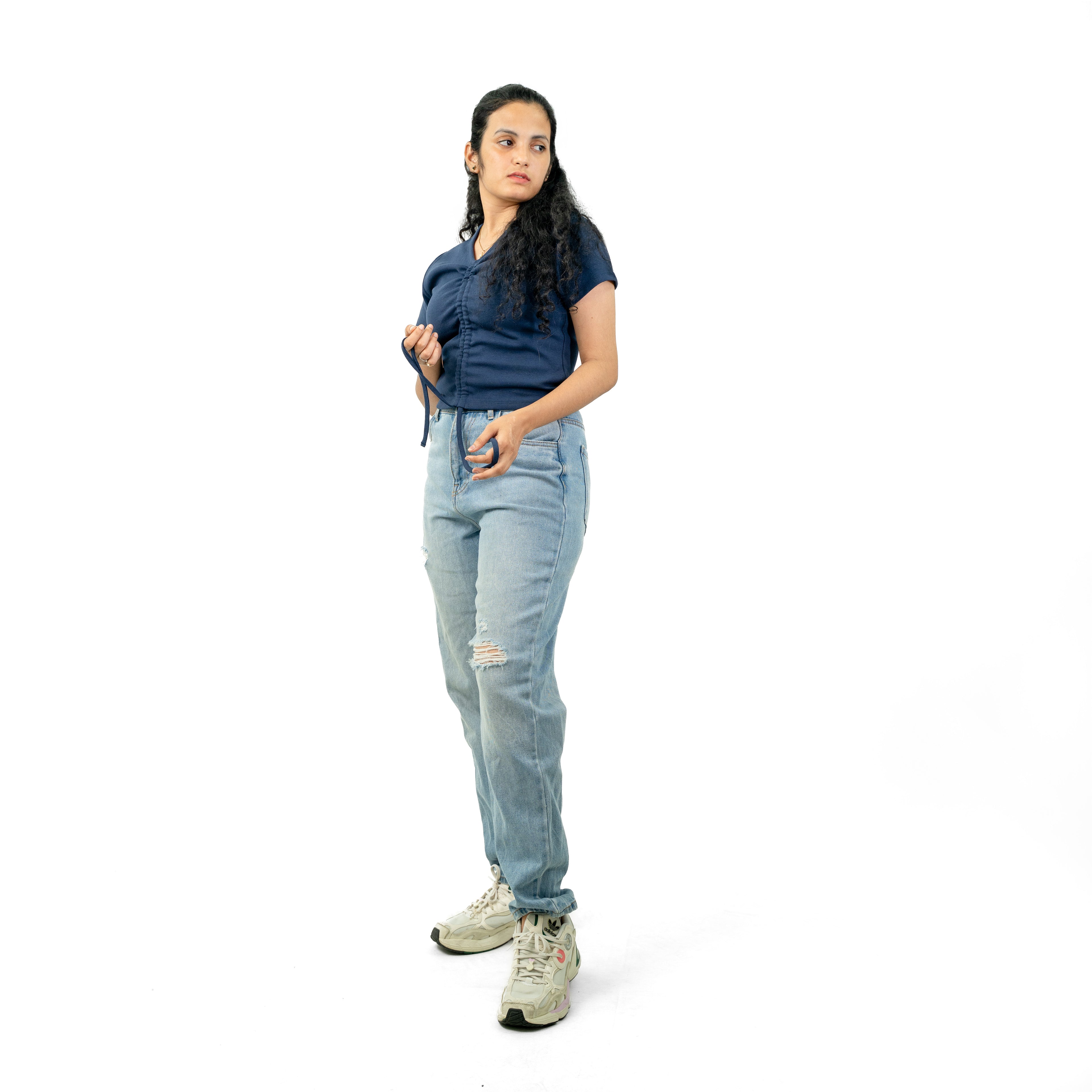 Navy blue Ribbed V Neck string Tops for Women