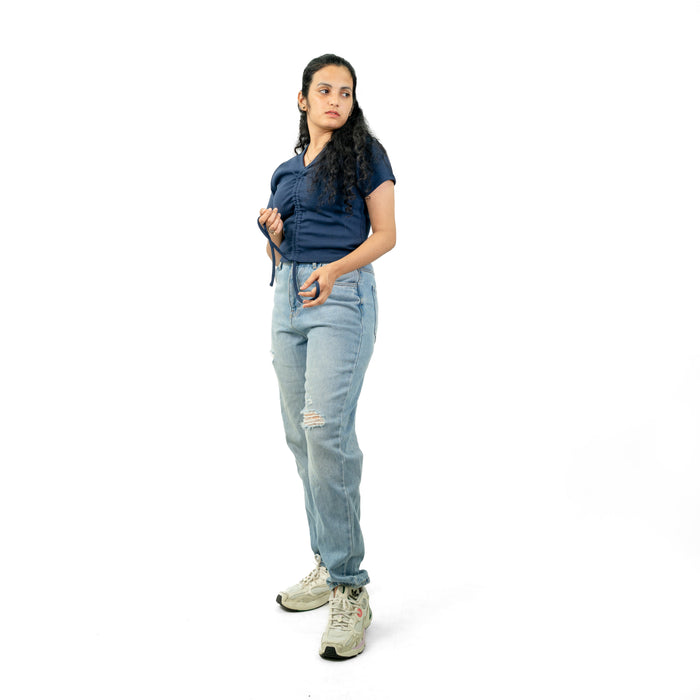 Navy blue Ribbed V Neck string Tops for Women