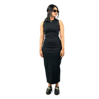 Ribbed Long Black Dress with Grommet Sleeves