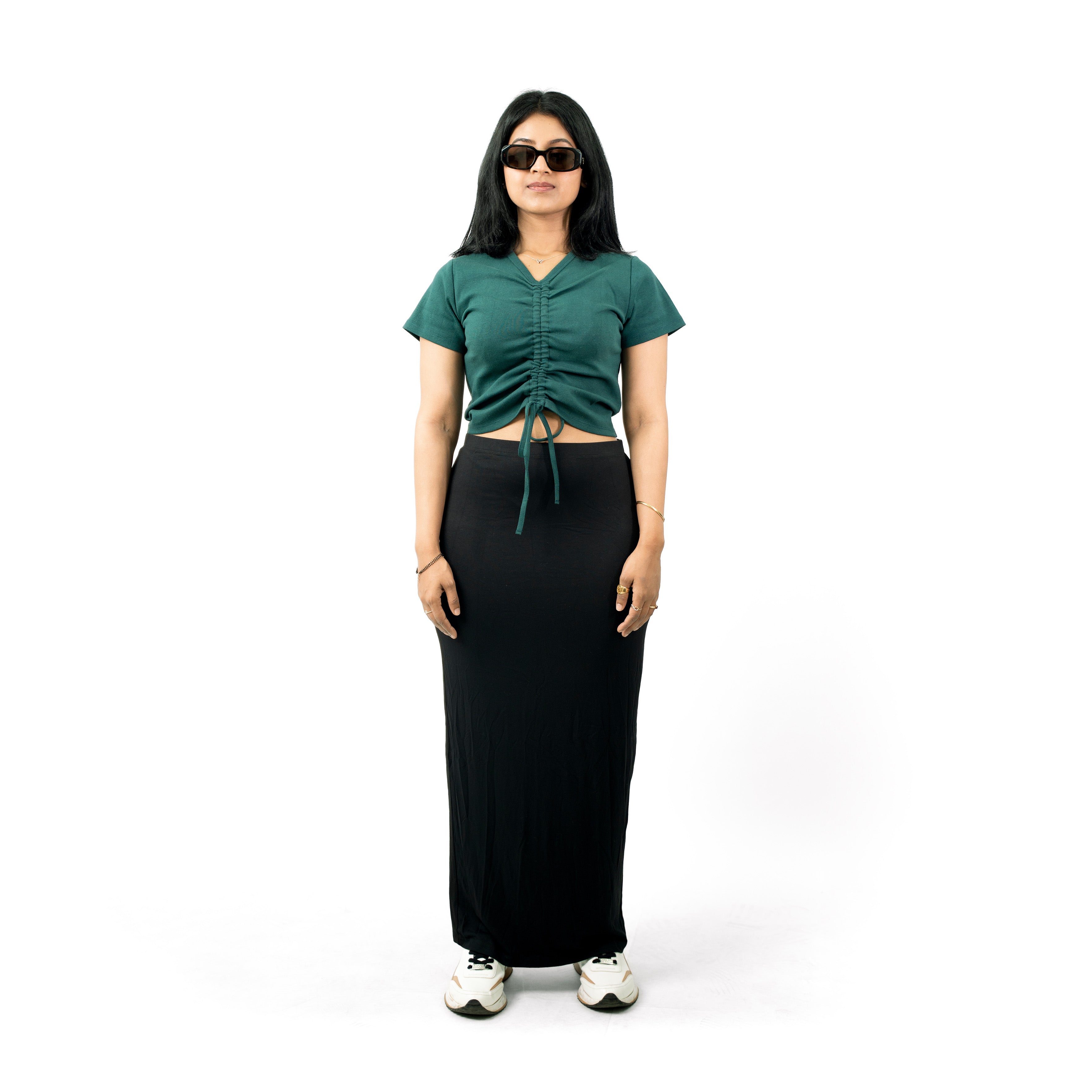 Green Ribbed V Neck string Tops for Women