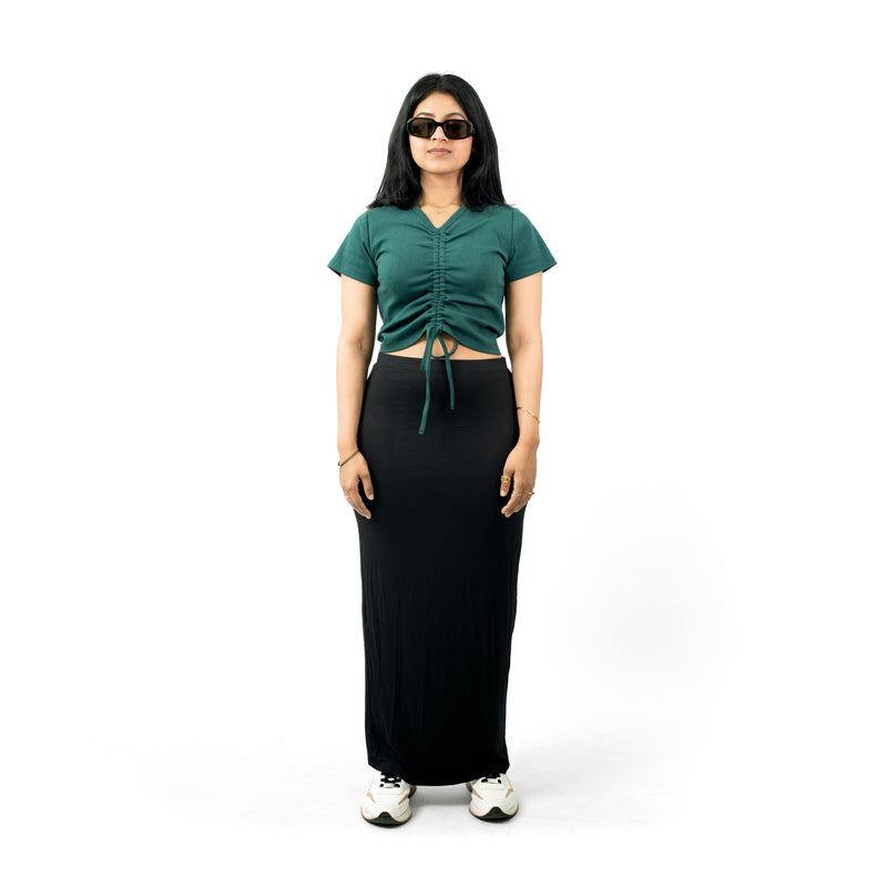 Green Ribbed V Neck string Tops for Women