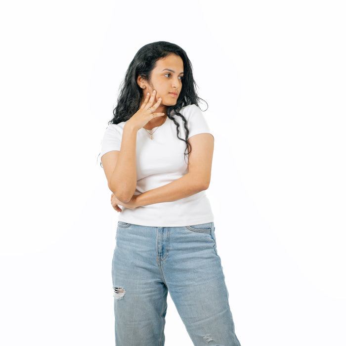 White Ribbed Crew Neck Tops for Women