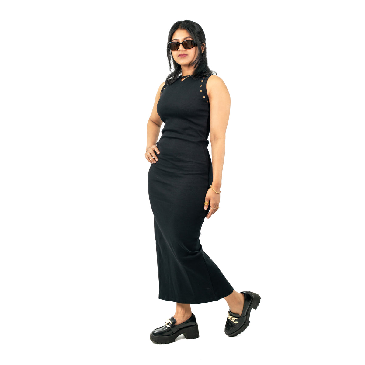 Ribbed Long Black Dress with Grommet Sleeves