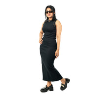 Ribbed Long Black Dress with Grommet Sleeves