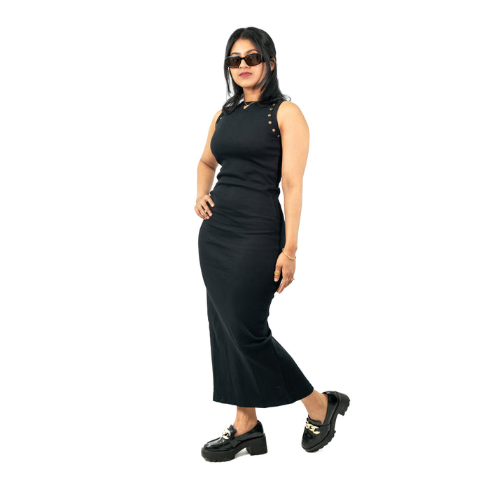 Ribbed Long Black Dress with Grommet Sleeves