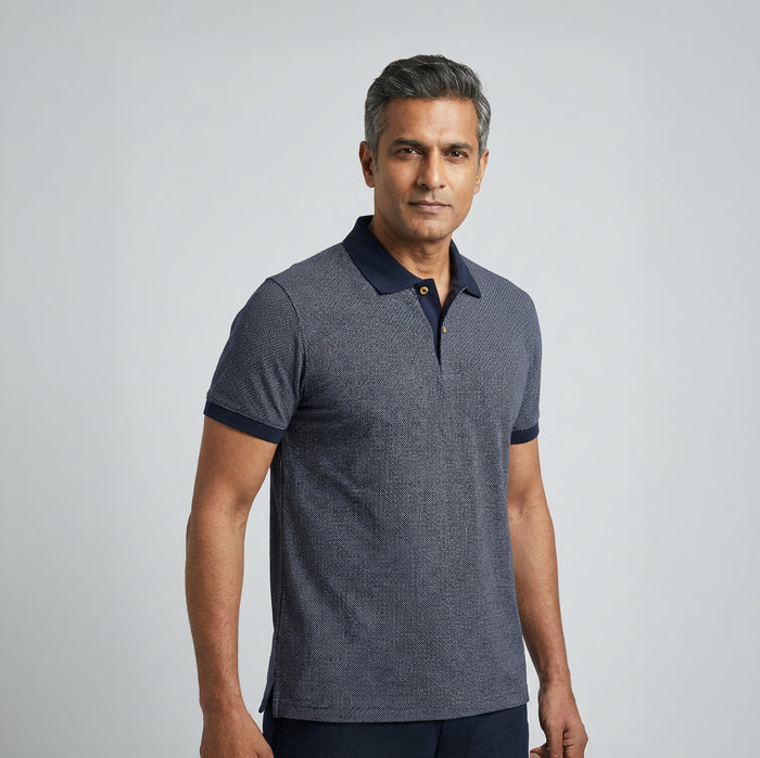Men’s Textured Dark Blue Cotton Polo T-Shirt