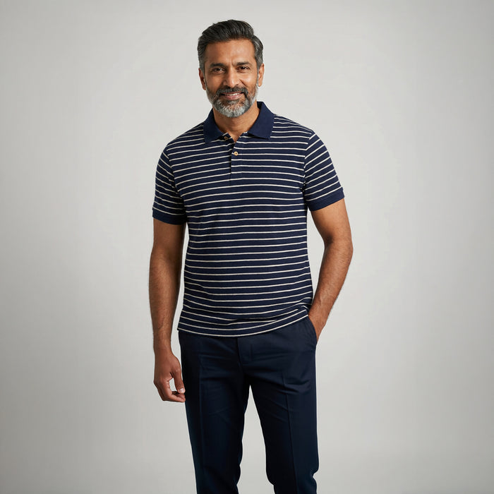Men’s Navy Blue Striped Cotton Polo T-Shirt