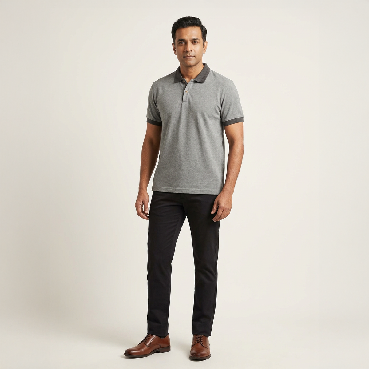 Men’s Solid Grey Cotton Polo T-Shirt with Contrast Collar