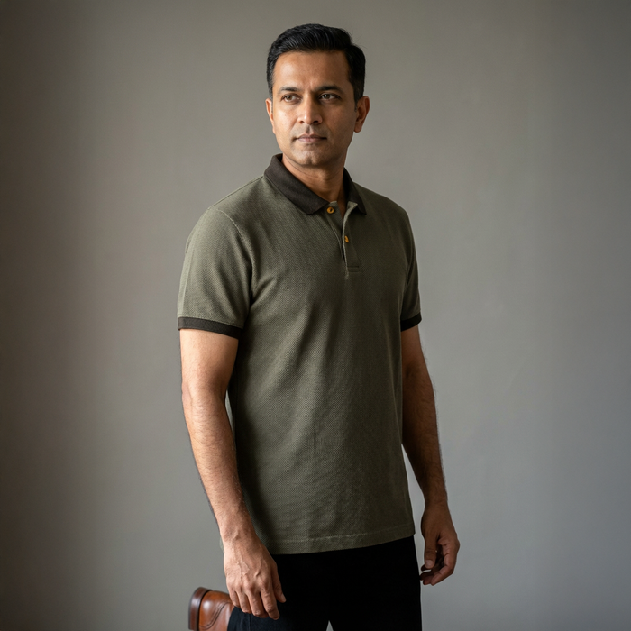 Men’s Olive Green Cotton Polo T-Shirt with Contrast Collar